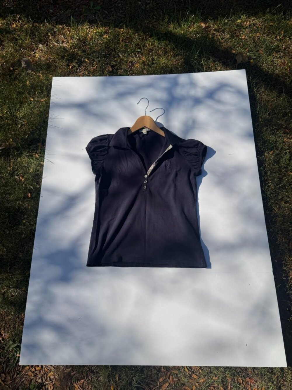 Burberry Brit Navy Puff Sleeve Nova Check Placket Polo
